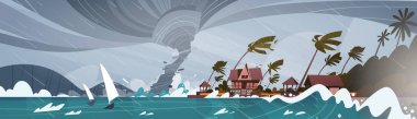 Kasırga gelen gelen evleri sahil tropikal doğal afet kavramı üzerinde okyanus büyük dalgalar deniz Hurricane