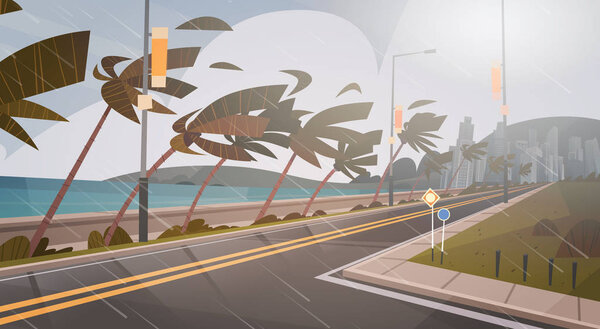 Прибытие торнадо от морского урагана в океане Огромный ветер над пальмами и концепция тропических стихийных бедствий
