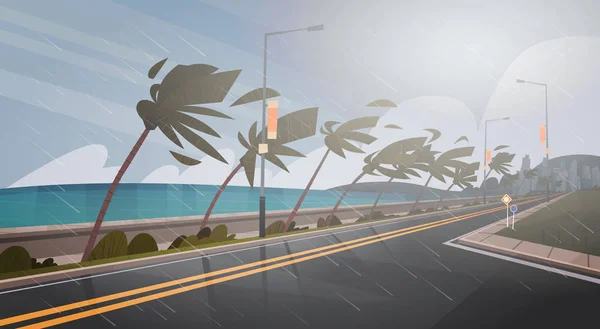 Tornado in arrivo dall'uragano marino nell'oceano Enorme vento sulle palme e sulla strada Concetto di disastro naturale tropicale — Vettoriale Stock