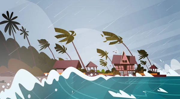Tornado in arrivo dal mare Uragano in oceano Onde enormi sulle case sulla costa Concetto di disastro naturale tropicale — Vettoriale Stock