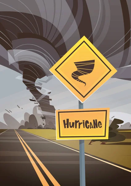 คําเตือนป้ายถนน เกี่ยวกับทอร์นาโด ทวิสเตอร์ พายุเฮอริเคน ชนบท ลมหมุน ทําลายสนาม แนวคิดภัยพิบัติธรรมชาติ — ภาพเวกเตอร์สต็อก