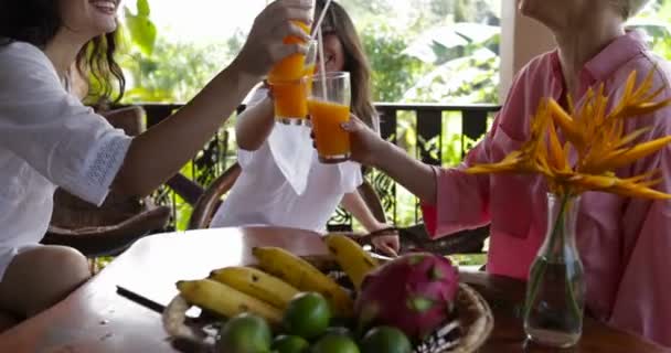 Junge Mädchengruppe prostet Gläser mit Saft beim Frühstück auf Sommerterrasse im tropischen Wald zu, schöne Frauen glücklich lächelnd am Morgen — Stockvideo