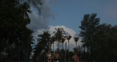 Alt görünümü iki genç kumsalda yürüyüş Twilight, neşeli yaz deniz tatile elele kadın ve erkek çiftler