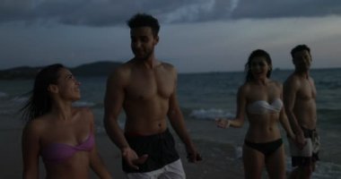 Mutlu grup günbatımı konuşurken Pov, sahil tatil sırasında iletişim gençler kumsalda yürürken arkadaşıyla