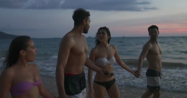 バカンス一緒にトワイライト、友達通信若いミックス レース男性と女性の夏のビーチを歩いている間に話す人々 のグループ — ストック動画