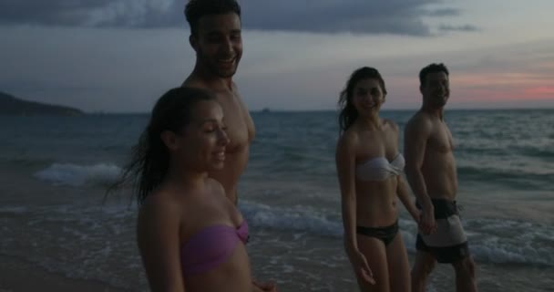 Группа людей разговаривает во время прогулки по пляжу на закате, смешивать расы друзья Общение POV счастливые туристы на отдыхе на берегу моря — стоковое видео