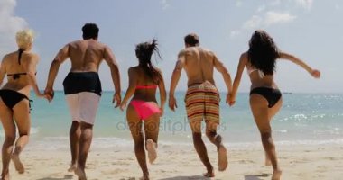 Kumsalda geri arka elele suda görünümü, neşeli erkek ve kadın turist tatile çalışan insanlar