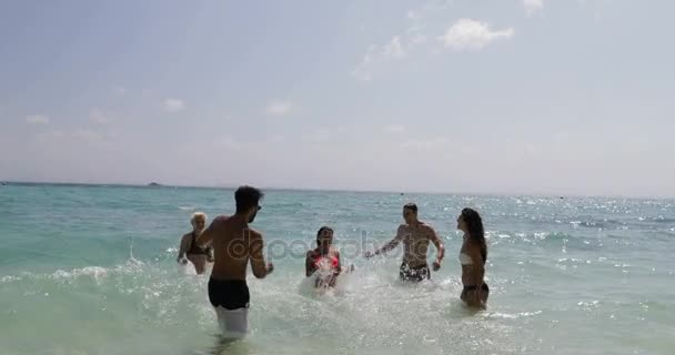 ビーチで楽しい水の中で水しぶきの人々、陽気な男性と女性の休日の団体観光客 — ストック動画