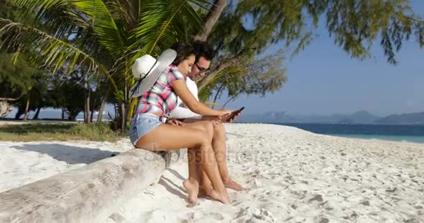 Couple utilisant un téléphone intelligent cellulaire parlant assis sur la plage sous les palmiers, homme et femme souriants heureux — Video