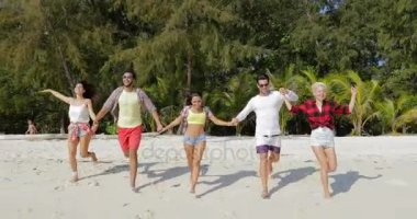 İnsanlar elele, kumsalda çalışan grup Mix yarış Erkekler ve kadınlar mutlu yükseltilmiş eller, arkadaş birlikte tatile