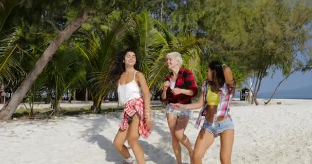 Chicas alegres bailando en la playa, Grupo de mujeres jóvenes divirtiéndose juntas en vacaciones — Vídeo de stock