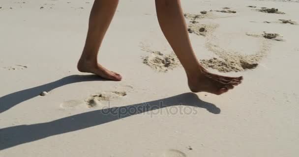 砂のクローズ アップ、女性クマ足踏むビーチの上を歩く女性の脚 — ストック動画