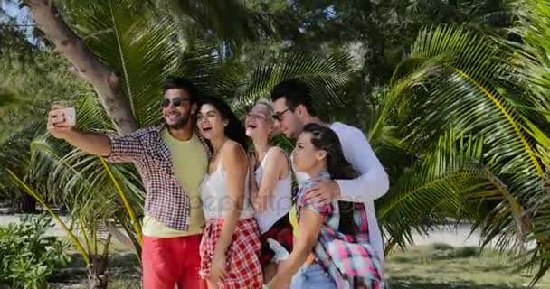 People Group ta Selfie foto på Smart mobiltelefon på stranden Under palmer, män och kvinnor turister på Tropic semester — Stockvideo