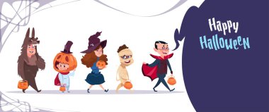 Şirin çocuklar canavarlar kostüm, mutlu Cadılar Bayramı afiş parti kutlama kavramı giymek