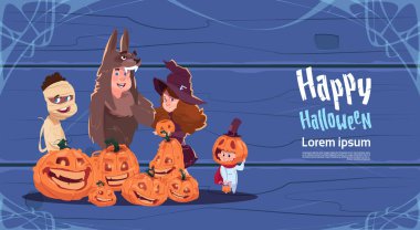 Şirin çocuklar canavarlar kostüm, mutlu Cadılar Bayramı afiş parti kutlama kavramı giymek