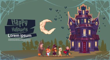 Cadılar Bayramın kutlu olsun sevimli canavarlar hayaletler tatil tebrik kartı konsepti ile Gotik kaleye yürüyüş