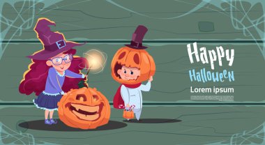 Sevimli cadı ve korkuluk, mutlu Cadılar Bayramı afiş parti kutlama kavramı