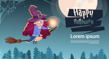 Sevimli cadı uçan süpürge çubuğa, mutlu Cadılar Bayramı afiş parti kutlama kavramı
