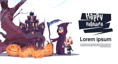 Sevimli Canavarlar hayaletler Cadılar Bayramın kutlu olsun afiş parti kutlama konsepti ile kaleye yürüyüş