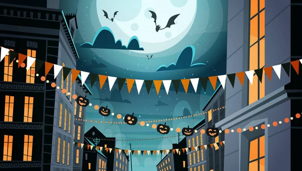 Ciudad decorada para Halloween celebración casa edificio con calabazas, guirnaldas fiesta noche concepto — Archivo Imágenes Vectoriales