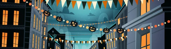 City Decorated For Halloween Celebration Home Building With Pumpkins, Garlands Holiday Night Party Concept - Stok Vektor