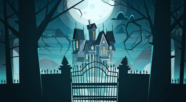 Gothic Castle Behind Gates In Moonlight Scary Building With Ghosts Halloween Holiday Concept