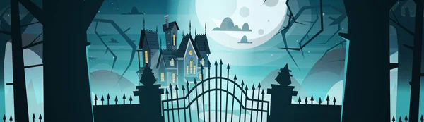 Gothic Castle Behind Gates In Moonlight Scary Building With Ghosts Halloween Holiday Concept