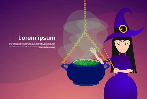 Sorcière faisant la potion dans le grand pot Happy Halloween Banner Party Celebration Concept — Image vectorielle