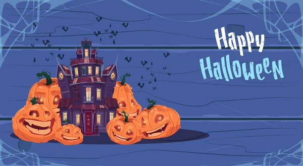 Feliz Halloween castillo gótico con fantasmas y calabazas vacaciones tarjeta de felicitación Concepto — Vector de stock