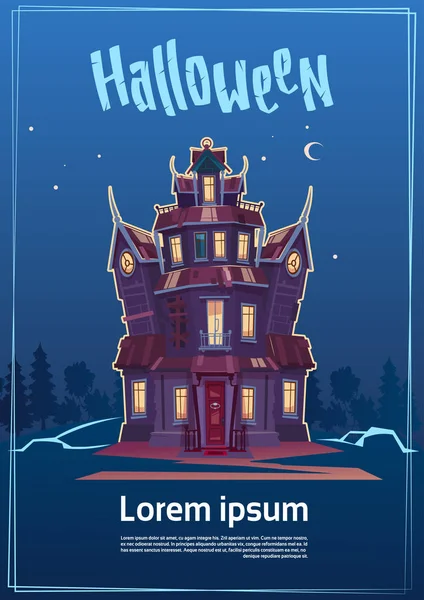 Joyeux château gothique d'Halloween avec fantômes au clair de lune concept de carte de voeux de vacances — Image vectorielle