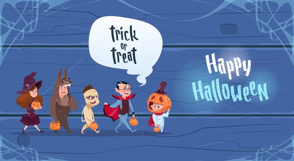 Lindos niños usan trajes de monstruos, Feliz Halloween Banner Party Celebration Concept — Vector de stock