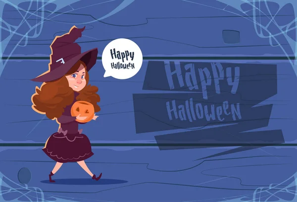 Lindo traje de bruja de desgaste de niño, Feliz Halloween Banner Party Celebration Concept — Vector de stock