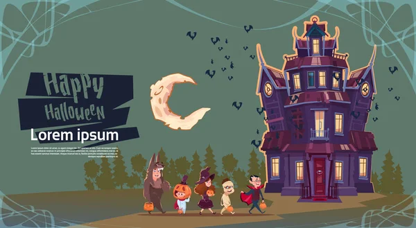 Cadılar Bayramın kutlu olsun sevimli canavarlar hayaletler tatil tebrik kartı konsepti ile Gotik kaleye yürüyüş