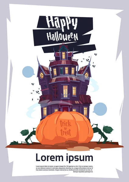 Joyeux château gothique d'Halloween avec fantômes et citrouille concept de carte de voeux de vacances — Image vectorielle