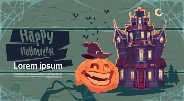 Happy Halloween gotiskt slott med spöken och pumpa Holiday gratulationskort koncept — Stock vektor
