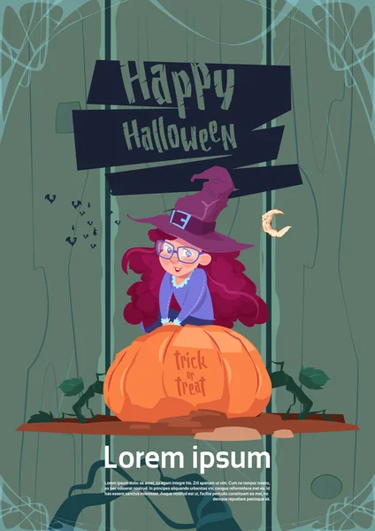 Mignon costume de sorcière d'usure d'enfant assis sur la citrouille, concept heureux de fête de bannière d'Halloween — Image vectorielle