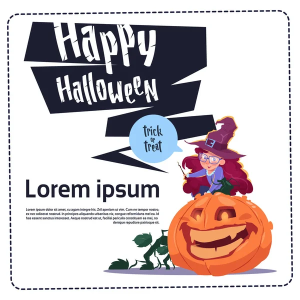 Schattige jongen slijtage heks kostuum Sit op pompoen, Happy Halloween Banner partij viering Concept — Stockvector