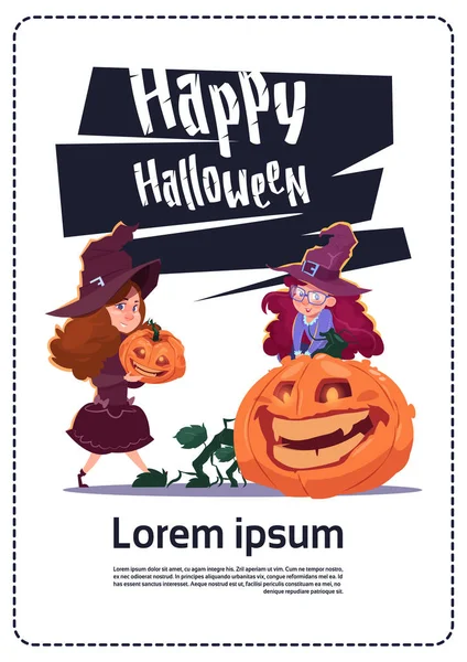 Cute Kids slijtage heks kostuum Sit op pompoen, Happy Halloween Banner partij viering Concept — Stockvector