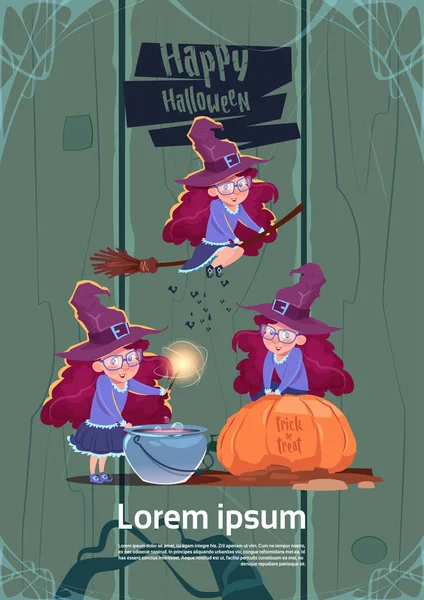 Милі відьми літати на мітлі Stick, кухар зілля в горщик, Happy Halloween банер учасник святкування концепції — стоковий вектор
