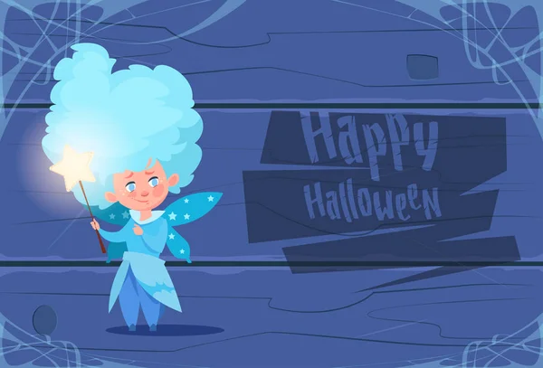 Cute Kid Wear traje de hadas, Feliz Halloween Banner Party Celebration Concept — Vector de stock