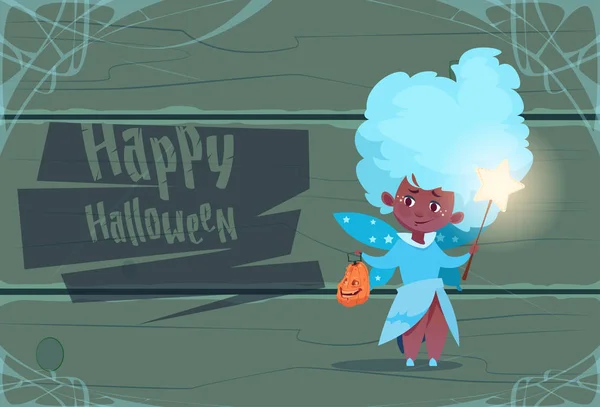 Cute Kid Wear traje de hadas, Feliz Halloween Banner Party Celebration Concept — Vector de stock