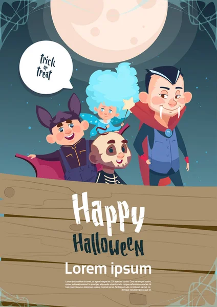 Happy Halloween truc of behandelen Banner Cute Kids Monsters wenskaart — Stockvector