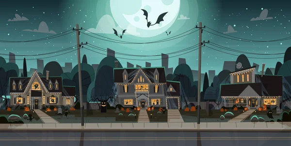 Casas decoradas para Halloween Inicio Edificios Vista frontal con diferentes calabazas, murciélagos concepto de celebración de vacaciones — Vector de stock