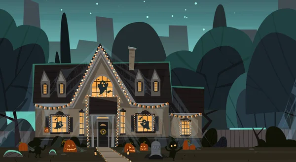 Huis ingericht voor Halloween huis gebouw vooraanzicht met verschillende pompoenen, vleermuizen Concept voor vakantie vieren — Stockvector