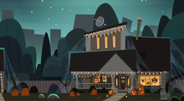 Casa decorada para Halloween casa edificio vista frontal con diferentes calabazas, murciélagos concepto de celebración de vacaciones — Vector de stock