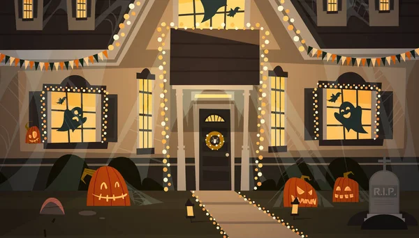 Casa decorada para Halloween casa edificio vista frontal con diferentes calabazas, murciélagos concepto de celebración de vacaciones — Vector de stock