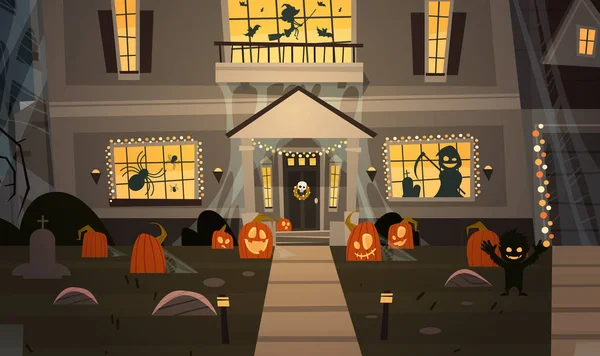 Casa decorada para Halloween casa edificio vista frontal con diferentes calabazas, murciélagos concepto de celebración de vacaciones — Vector de stock