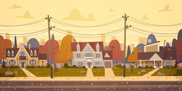 Casas suburbio de la gran ciudad en otoño, Cottage Real Estate Cute Town Concept — Vector de stock