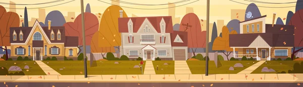 Casas suburbio de la gran ciudad en otoño, Cottage Real Estate Cute Town Concept — Vector de stock