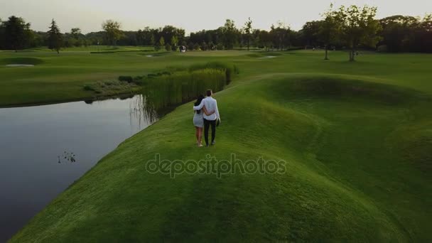 若いカップルの夏の公園を歩いて、男と女を撮影ドローンを旋回の航空写真 — ストック動画